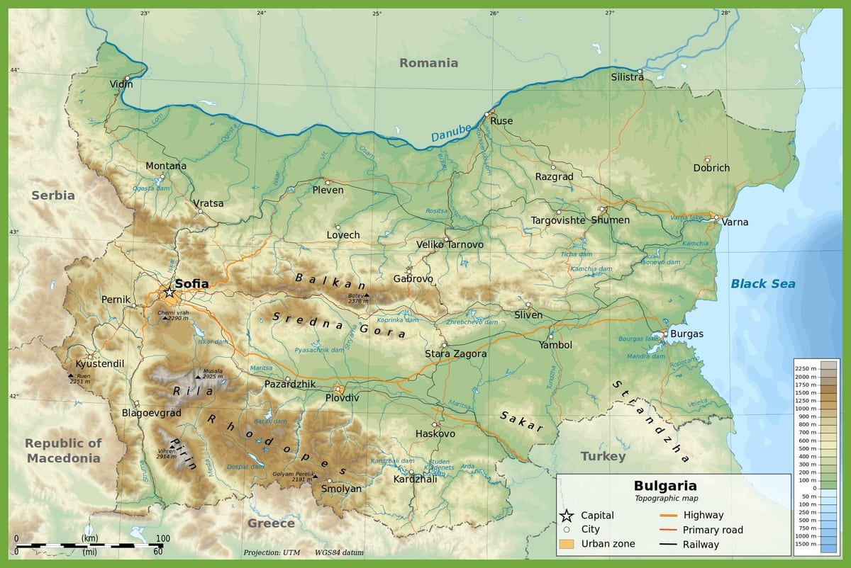 Bulgària mapa topogràfic